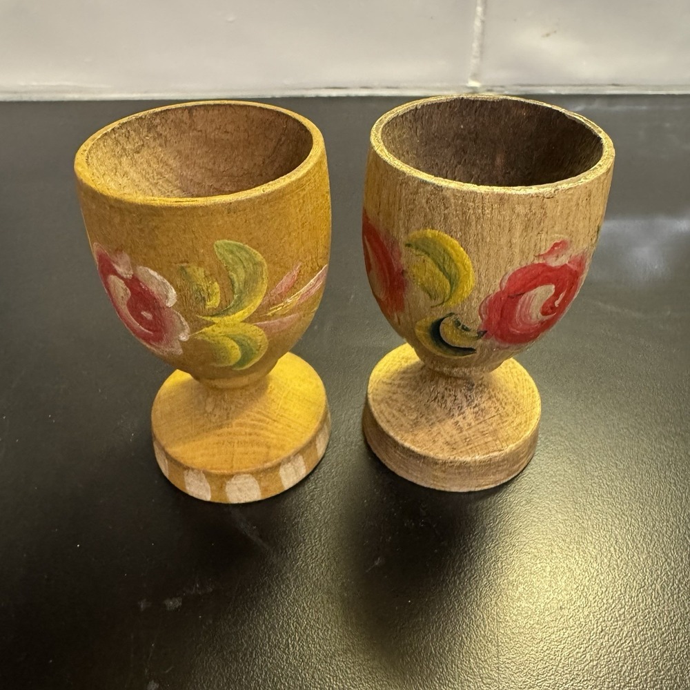 Vintage Wood Hand Painted Egg Cups Set of 2 Lang‎ Oberammergau Bavaria Germany
